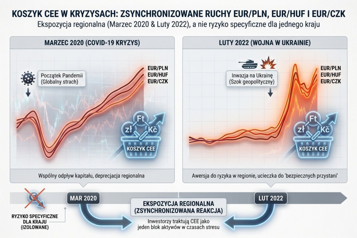 Koszyk CEE w kryzysach — zsynchronizowane ruchy EUR/PLN, EUR/HUF i EUR/CZK w marcu 2020 i lutym 2022 jako ekspozycja regionalna, a nie ryzyko specyficzne dla jednego kraju