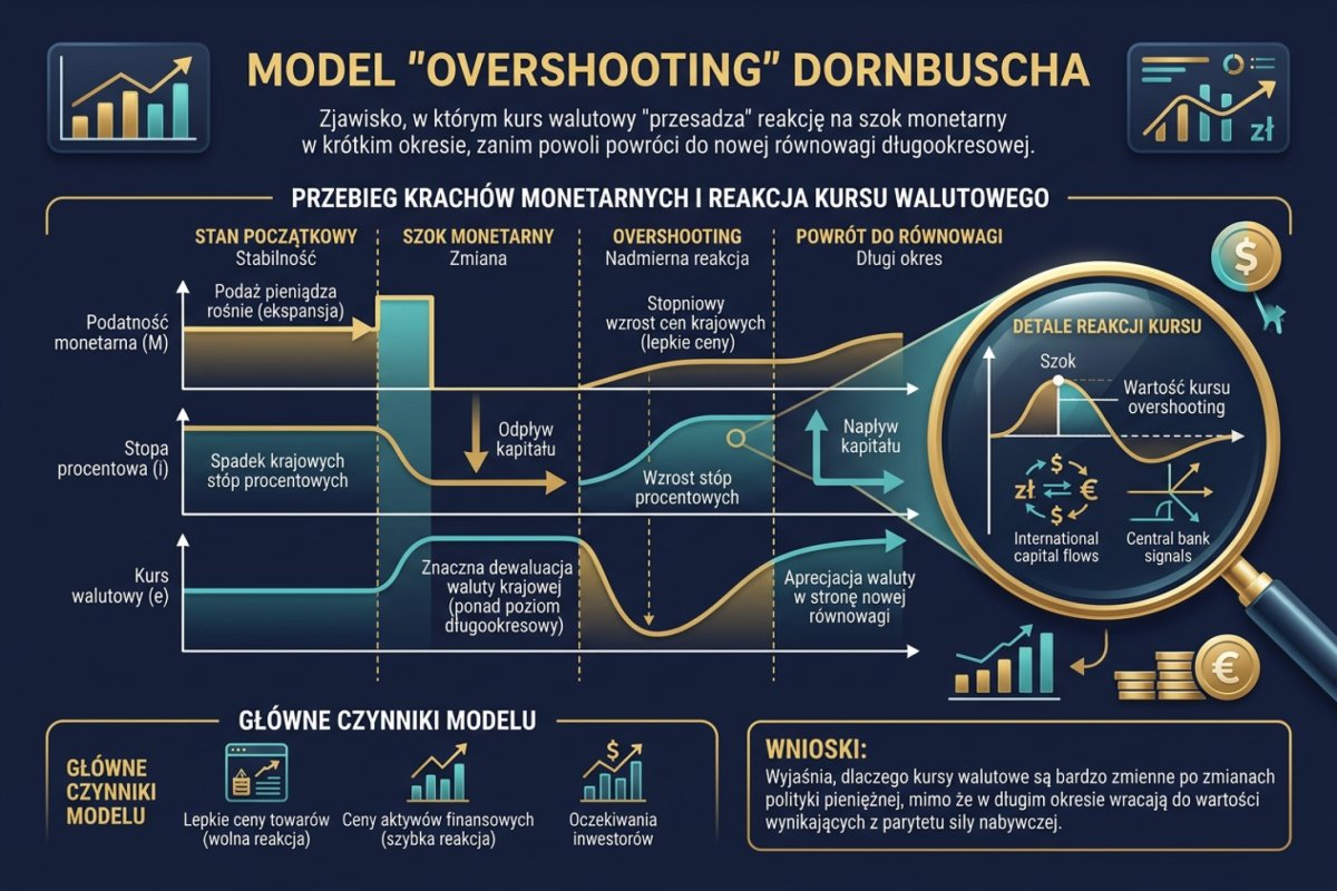 Model overshooting Dornbuscha — kurs walutowy „przesadza" reakcję na szok monetarny, zanim wraca do nowej równowagi