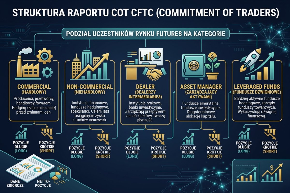 Struktura raportu COT CFTC — podział uczestników rynku futures na kategorie Commercial, Non-Commercial, Dealer, Asset Manager i Leveraged Funds