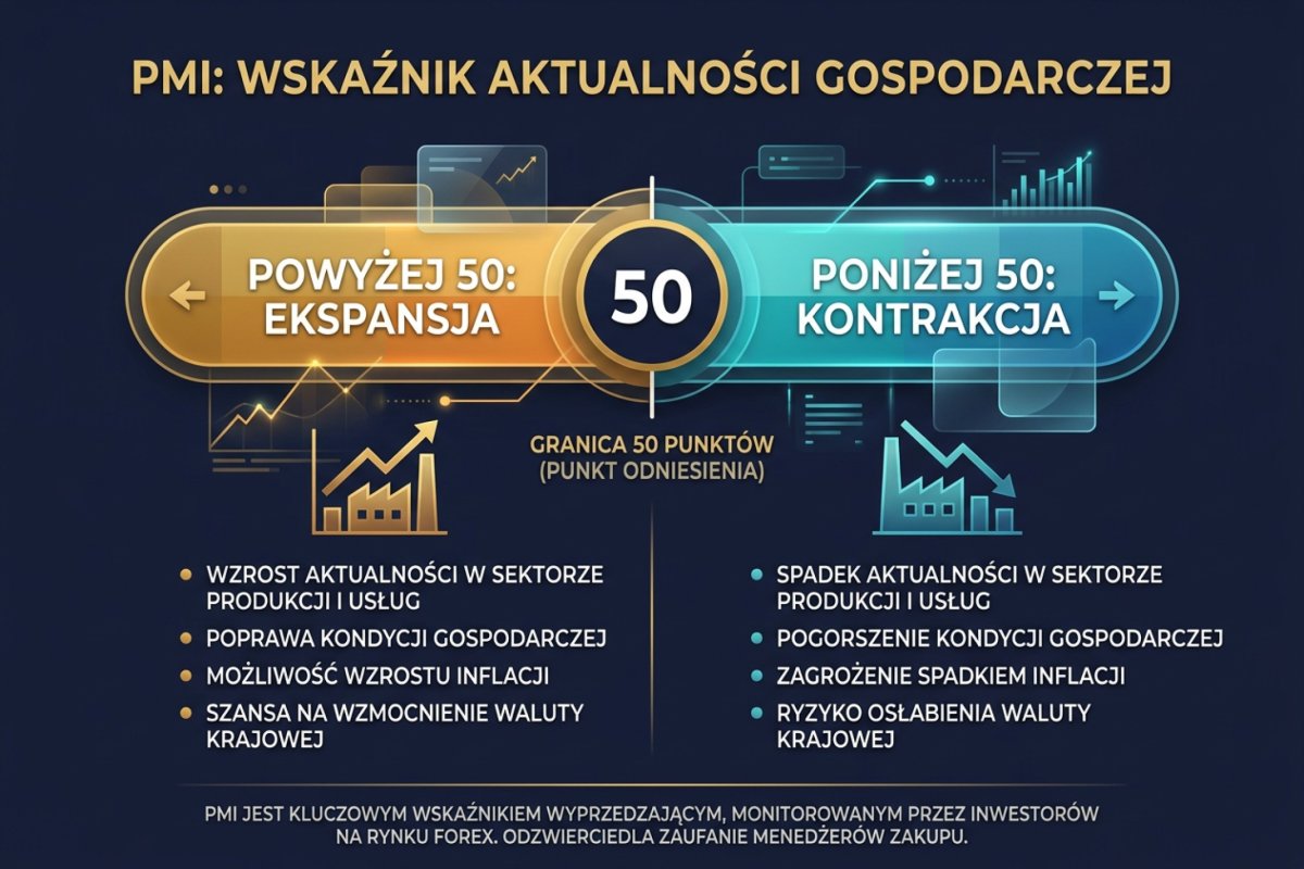 PMI jako indeks dyfuzyjny — próg 50 punktów i rozkład odpowiedzi o poprawie, braku zmian i pogorszeniu