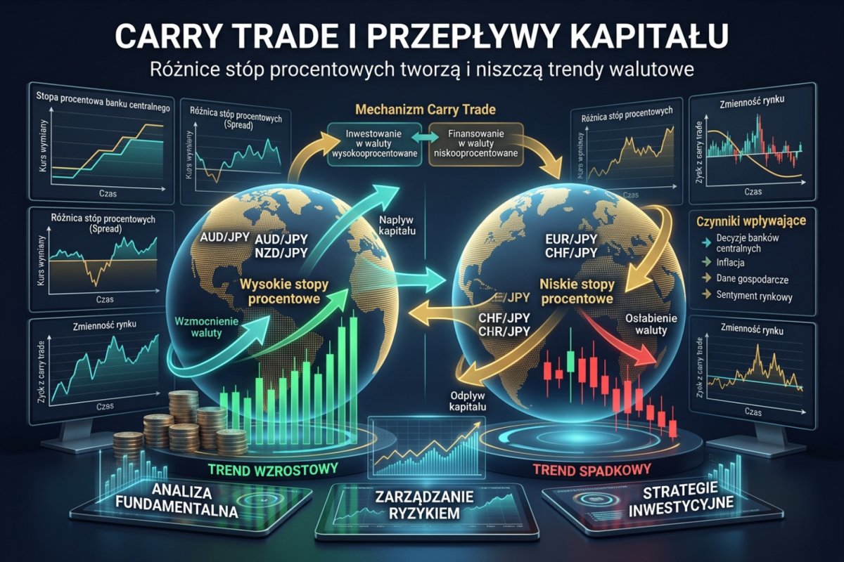 Różnice stóp procentowych i carry trade — trzy poziomy: bank centralny, rynek pieniężny, swap brokera