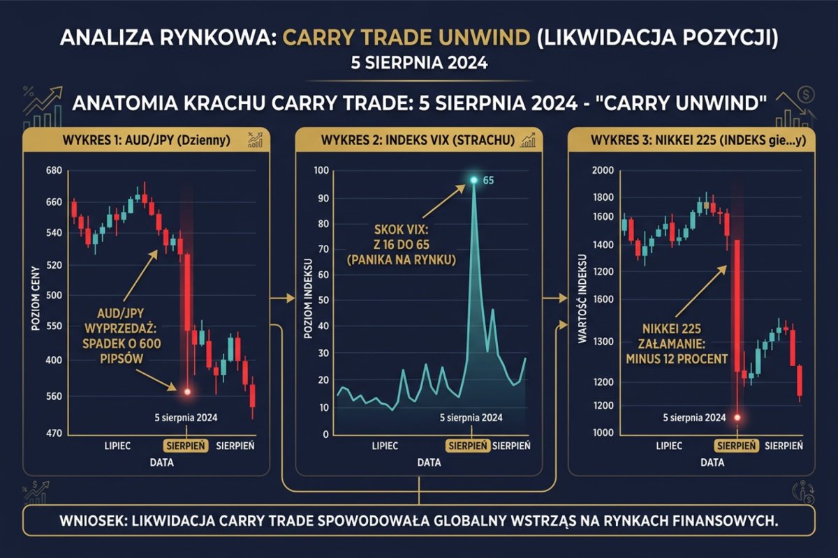 Trzy wykresy obok siebie: AUD/JPY, wzrost wyceny zmienności i Nikkei 225 — 5 sierpnia 2024 carry unwind