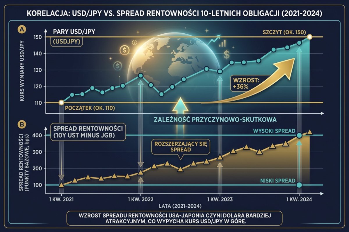 Wykres dwupanelowy: USD/JPY vs spread rentowności 10Y UST minus JGB w latach 2021-2024, pokazujący zestawienie różnicy rentowności z kursem pary w tym okresie