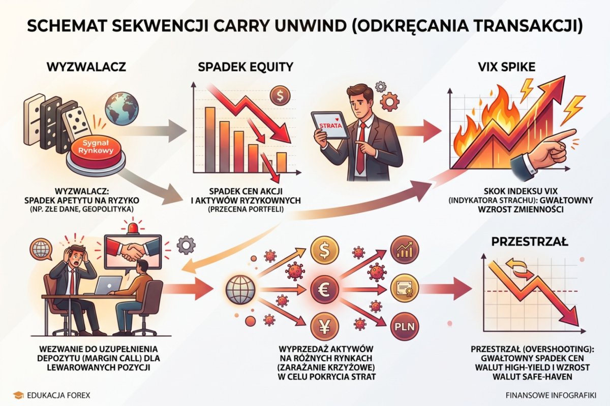 Schemat sekwencji gwałtownego zamykania pozycji finansowanych walutą o niskiej rentowności: impuls, zamykanie pozycji, wezwania do uzupełnienia depozytu, przeniesienie na inne pary, malejąca liczba ofert