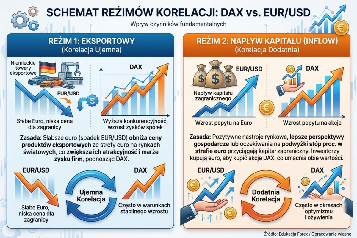 Schemat dwóch mechanizmów łączących DAX z kursem euro do dolara: efektu przeliczeniowego po stronie eksporterów oraz napływu kapitału do europejskich akcji