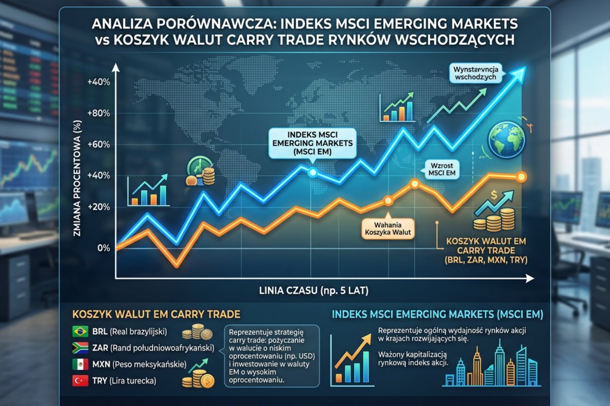 Schemat pokazujący, że dolarowa wersja indeksu MSCI Emerging Markets zawiera w sobie kurs dolara, więc zestawienie jej z koszykiem walut wschodzących liczy ten czynnik dwa razy