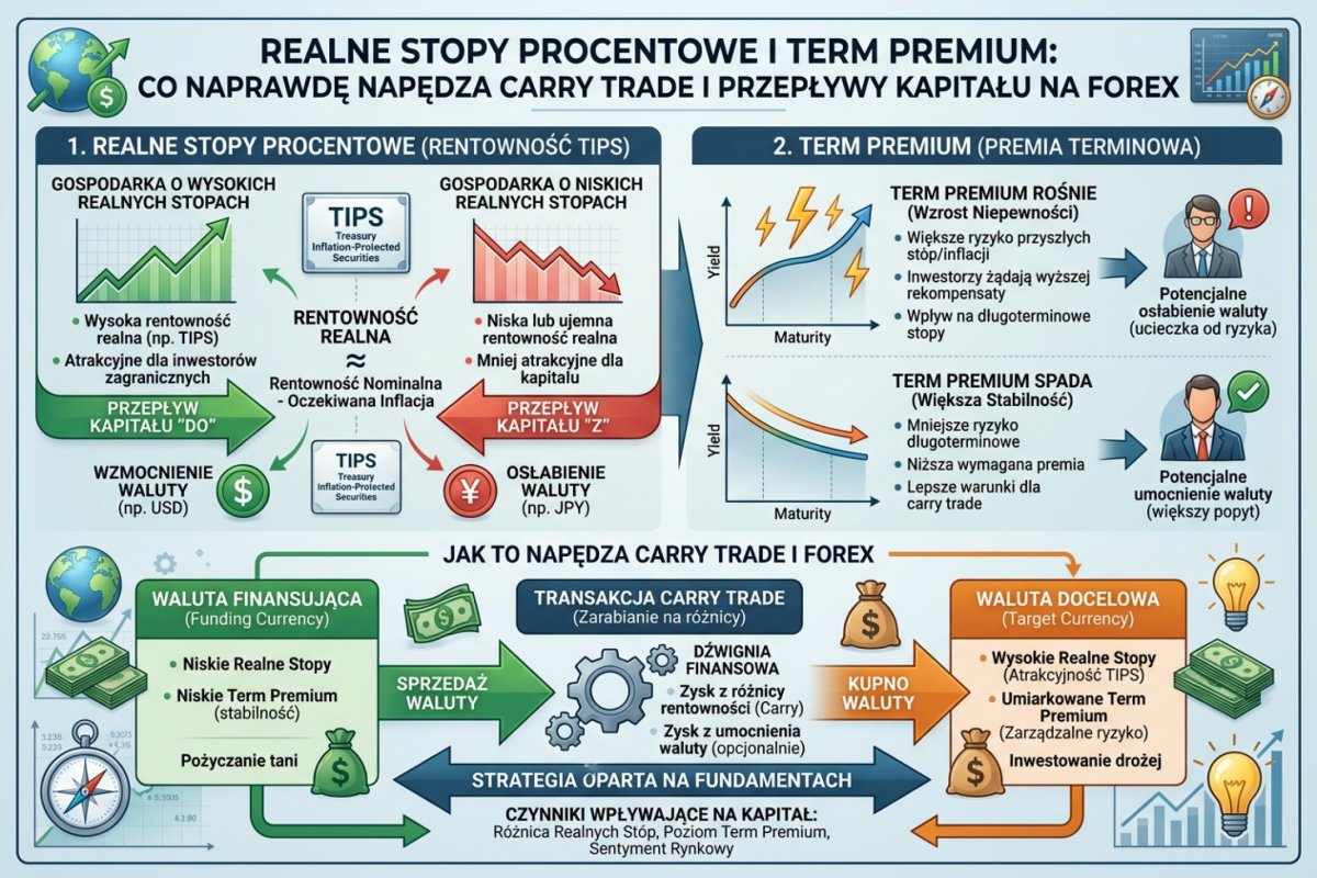 Realne stopy procentowe (rentowność obligacji indeksowanych inflacją) i premia terminowa — co tłumaczy trwałość ruchu; carry trade i przepływy kapitału na Forex