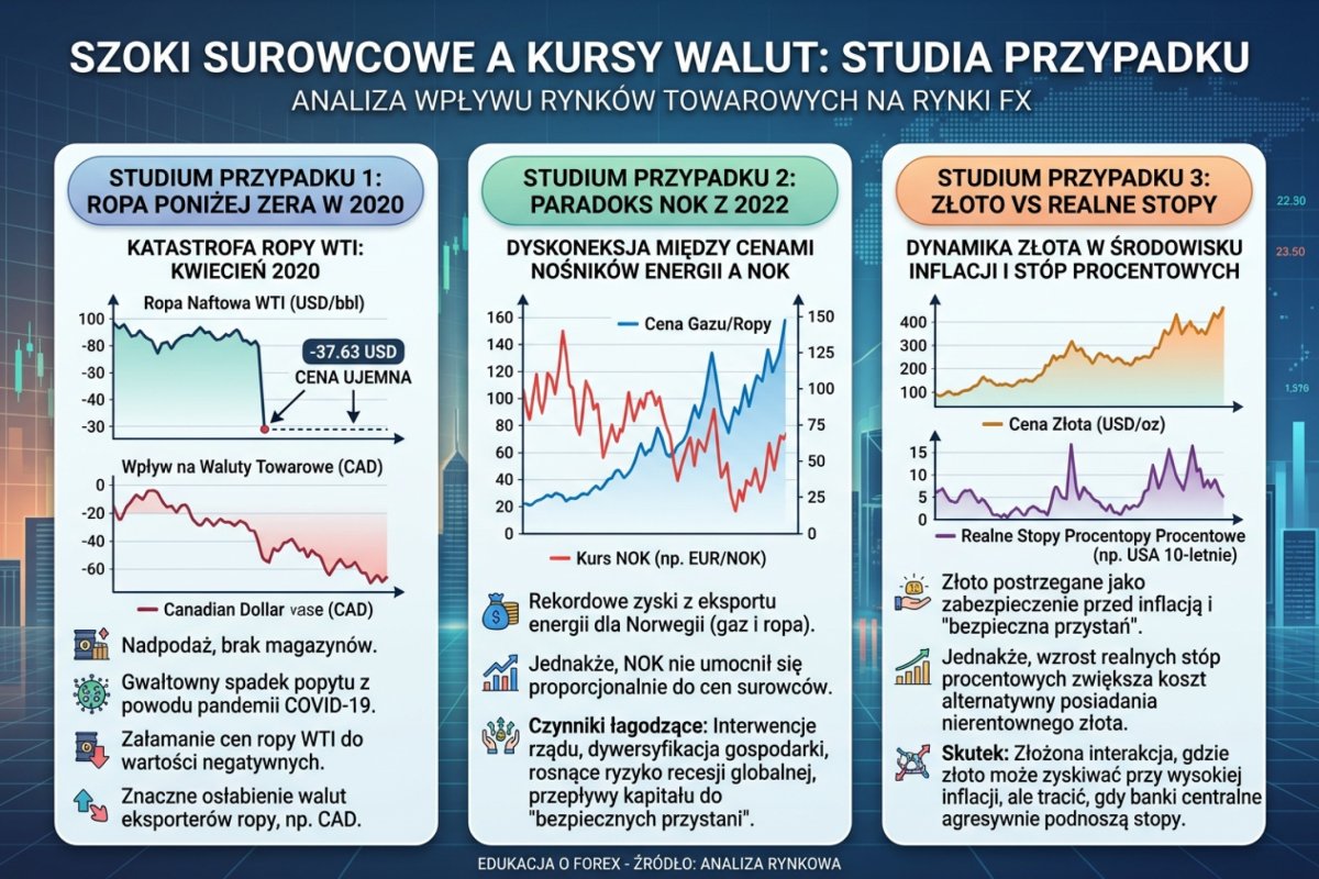 Studia przypadków: ujemna cena kontraktu na ropę w 2020 r., słaba reakcja korony norweskiej w 2022 r. i zachowanie złota wobec realnych rentowności