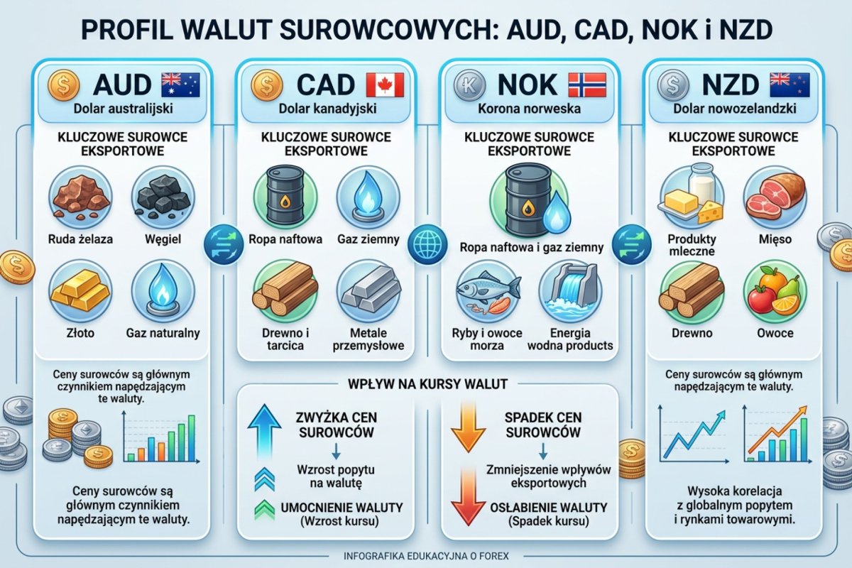 Profil walut surowcowych: AUD, CAD, NOK i NZD — kluczowe surowce eksportowe i ich wpływ na kursy walut