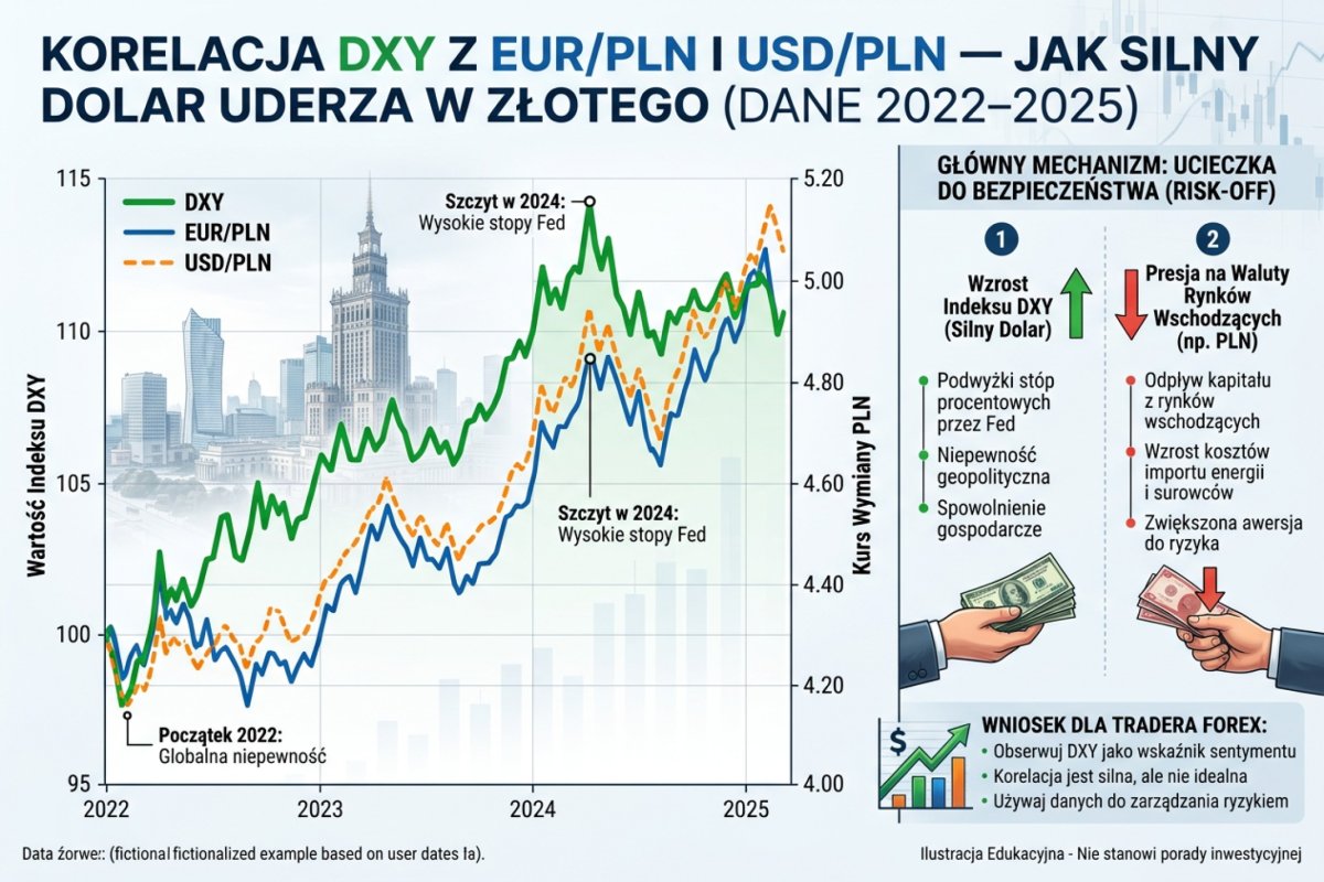 Kurs euro i dolara do złotego zestawiony z indeksem dolara — kanały, którymi globalne tło dolarowe przenosi się na złotego