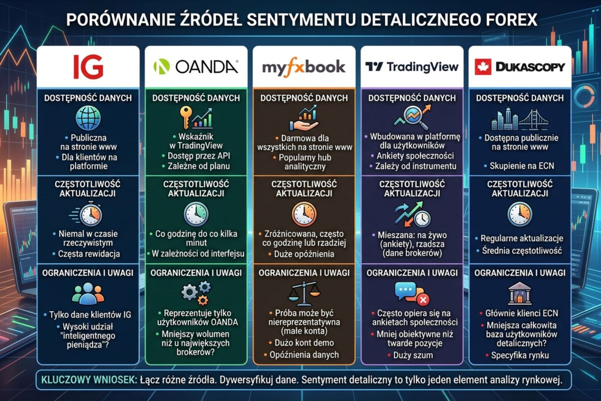 Porównanie źródeł sentymentu detalicznego — IG, OANDA, myfxbook, Dukascopy: dostępność, aktualizacja i ograniczenia