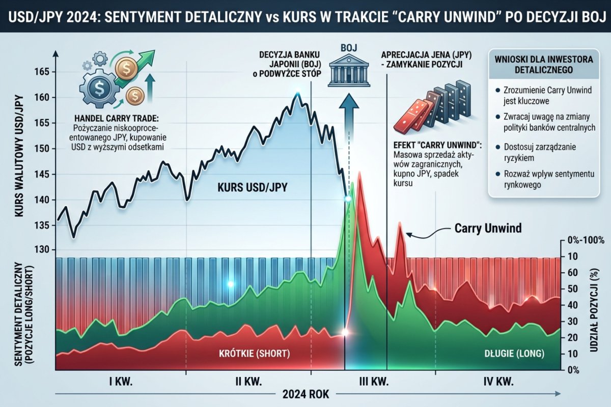 USD/JPY w 2024 r. — zmiana kursu wokół decyzji banku centralnego Japonii jako przykład wpływu zewnętrznego katalizatora na interpretację pozycjonowania
