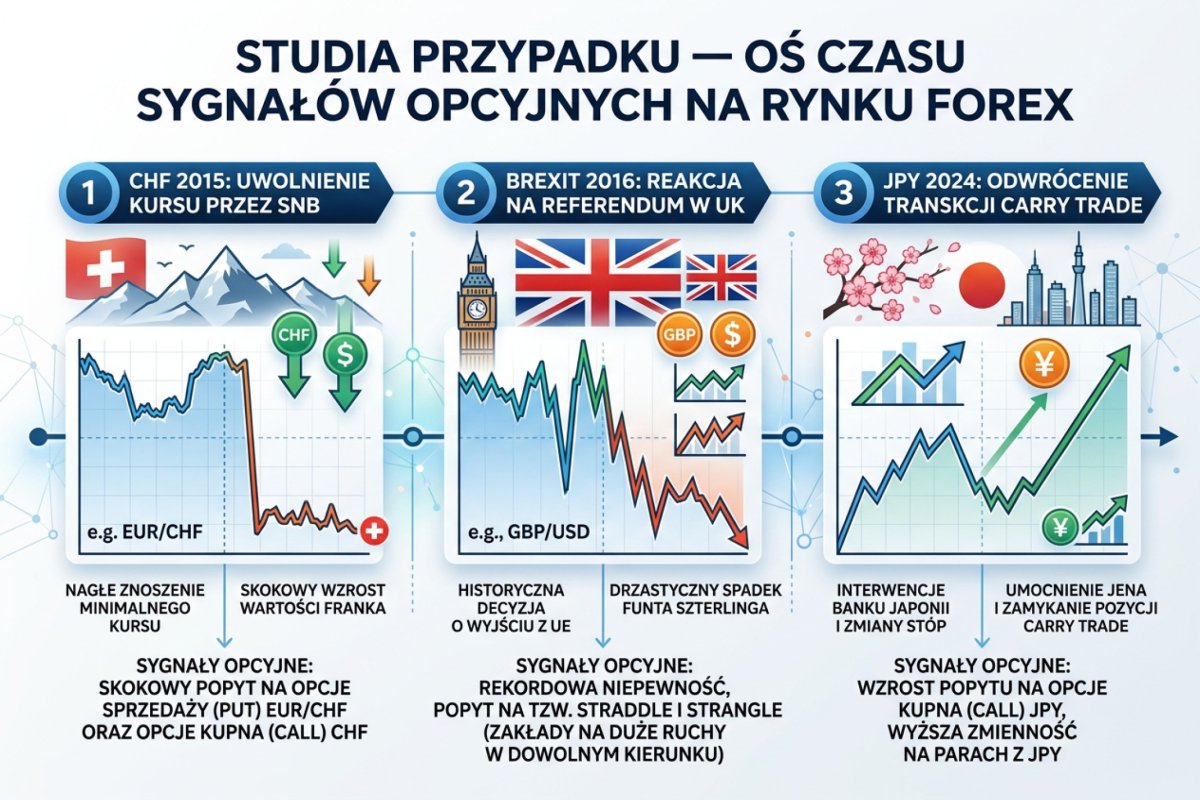 Case studies — oś czasu sygnałów opcyjnych: CHF 2015, Brexit 2016, JPY carry unwind 2024, MXN 2016
