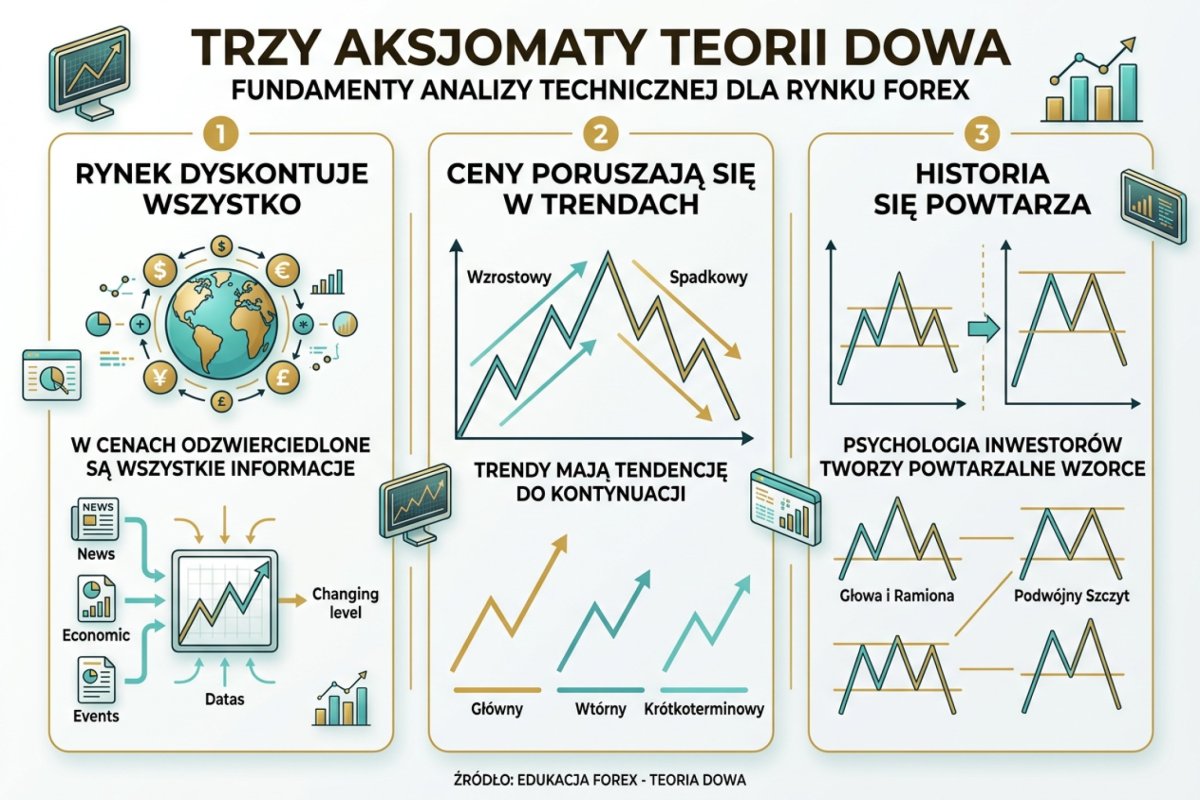 Trzy klasyczne założenia analizy technicznej — rynek dyskontuje wszystko, ceny poruszają się w trendach, historia się powtarza — fundamenty analizy technicznej na ciemnym tle z ikonami