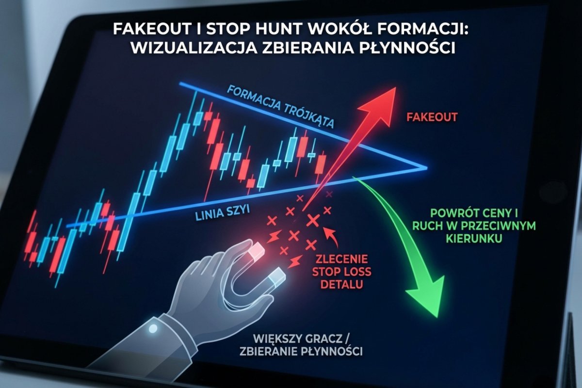 Fakeout i stop hunt wokół formacji — cena przebija neckline/linię trójkąta, aktywuje stop lossy detalu, a następnie wraca i rusza w przeciwnym kierunku — ilustracja skupisk zleceń wokół oczywistych poziomów