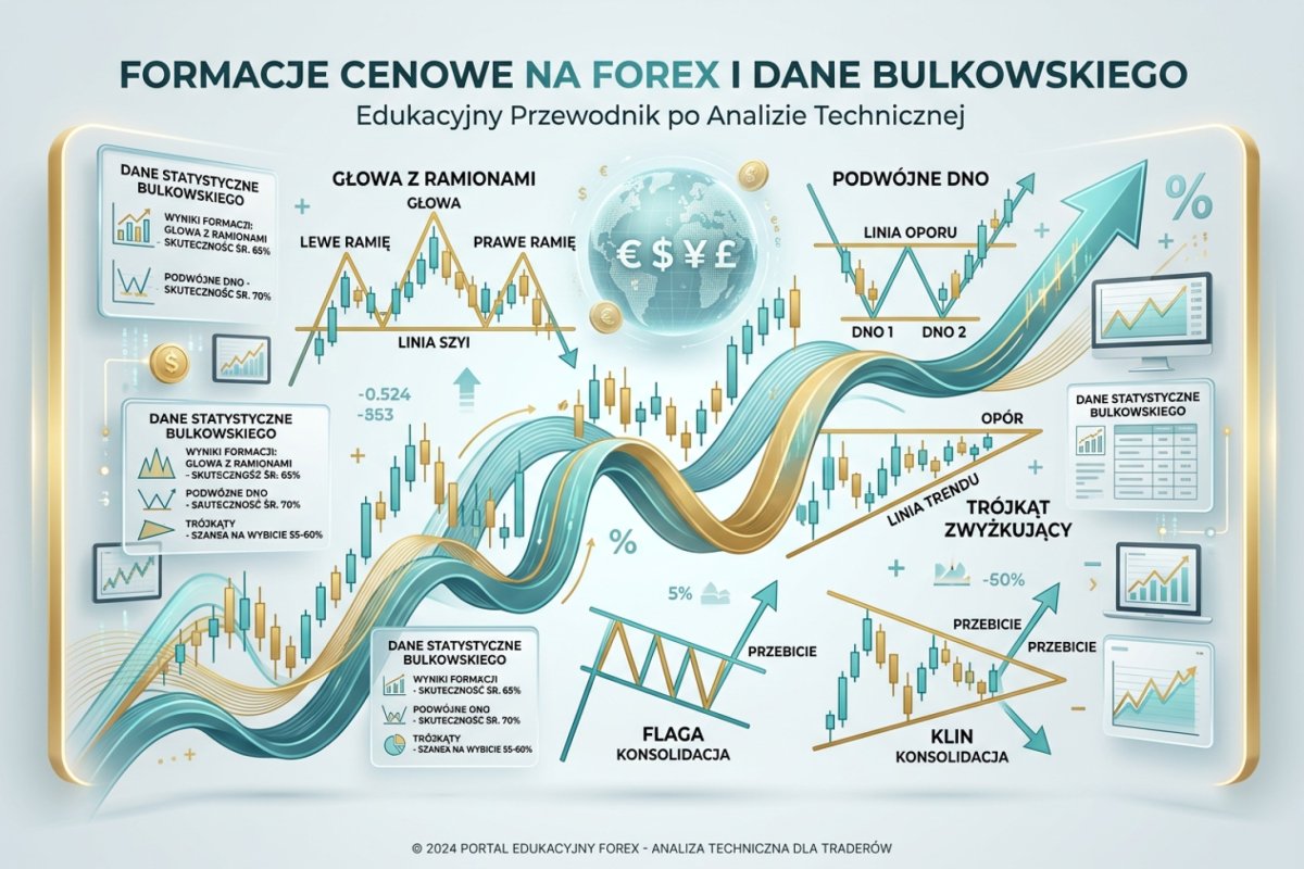 Formacje cenowe na Forex — głowa z ramionami, podwójne dno, trójkąty, flagi i kliny na wykresie cenowym — schemat rozpoznawania struktur