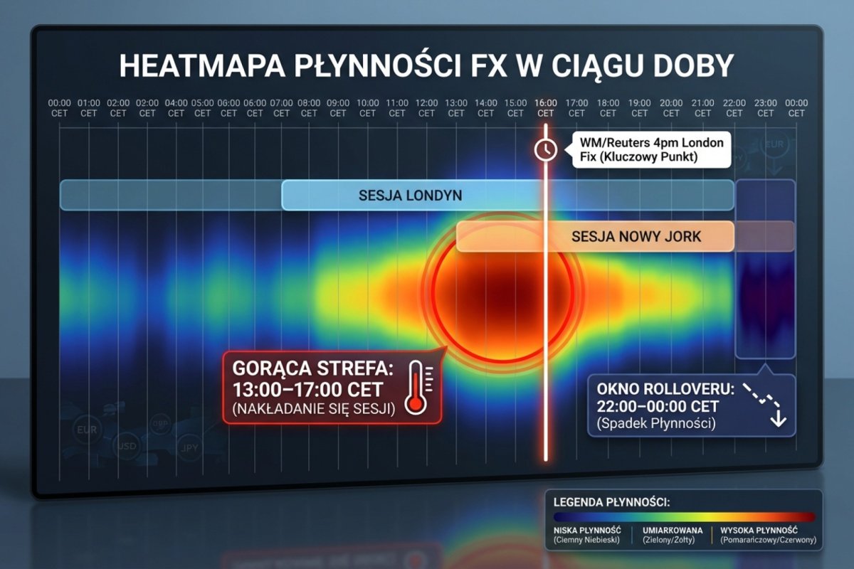 Heatmapa płynności FX w ciągu doby — nakładanie się sesji Londyn/Nowy Jork z rdzeniem ok. 14:00–17:00 czasu polskiego, linia pionowa WM/Reuters 4pm London Fix (16:00 czasu londyńskiego) i spadek płynności w oknie rolloveru ok. 23:00 czasu polskiego