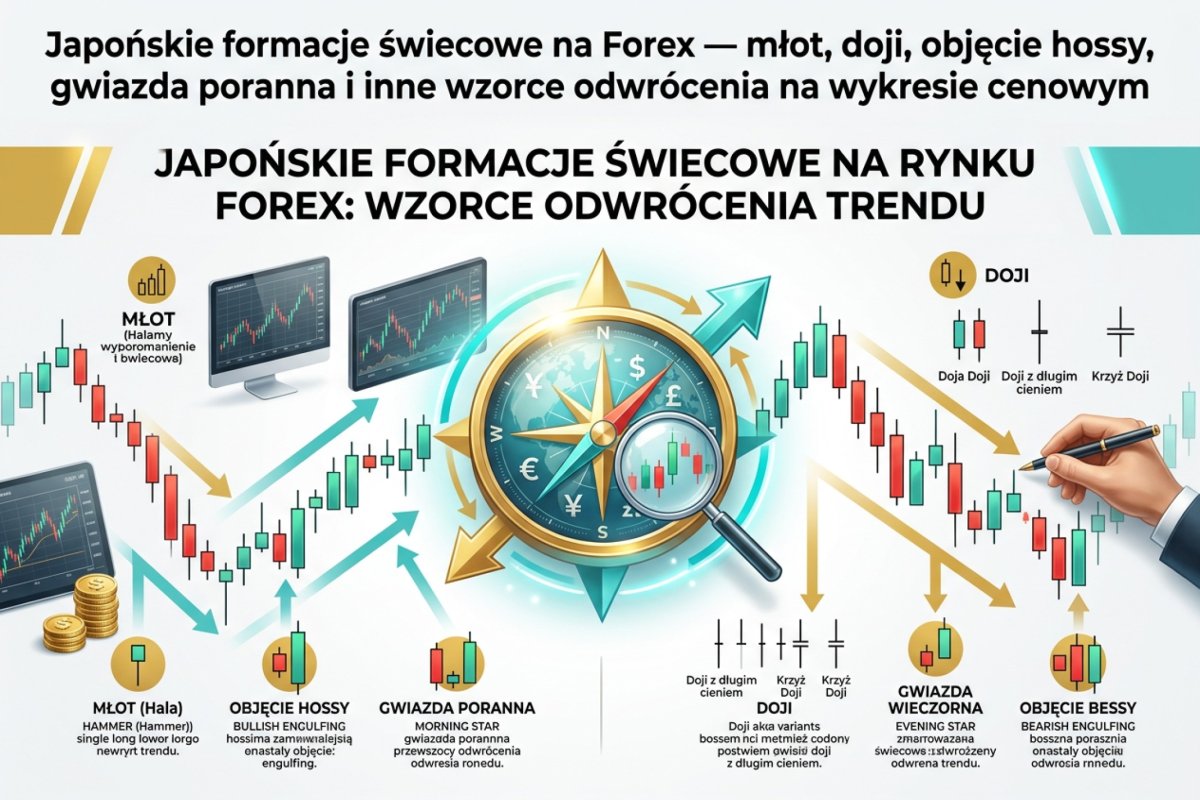 Japońskie formacje świecowe na Forex — młot, doji, objęcie hossy, gwiazda poranna i inne wzorce odwrócenia na wykresie cenowym