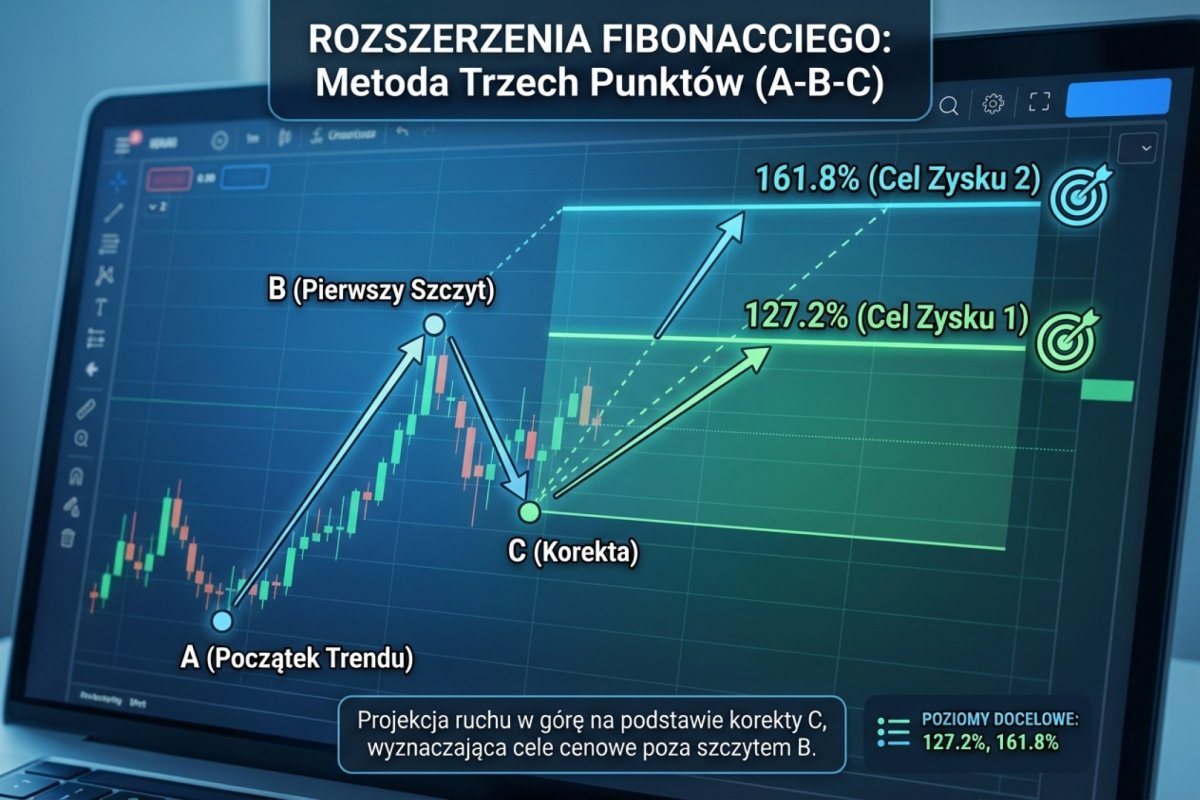Rozszerzenia Fibonacciego (extension) — metoda trzech punktów A-B-C, poziomy 127.2% i 161.8% jako punkty odniesienia zasięgu ruchu