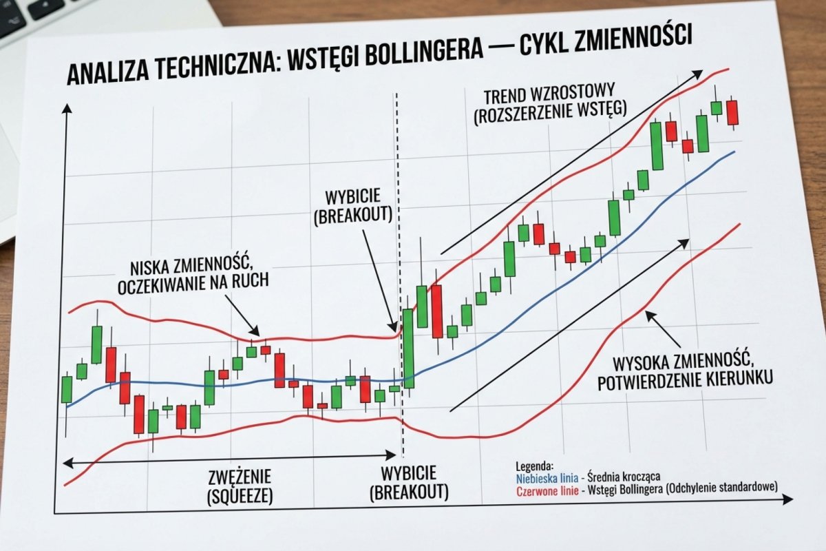 Bollinger Bands — zwężenie wstęg (squeeze) poprzedzające breakout, rozszerzenie przy trendzie na wykresie cenowym