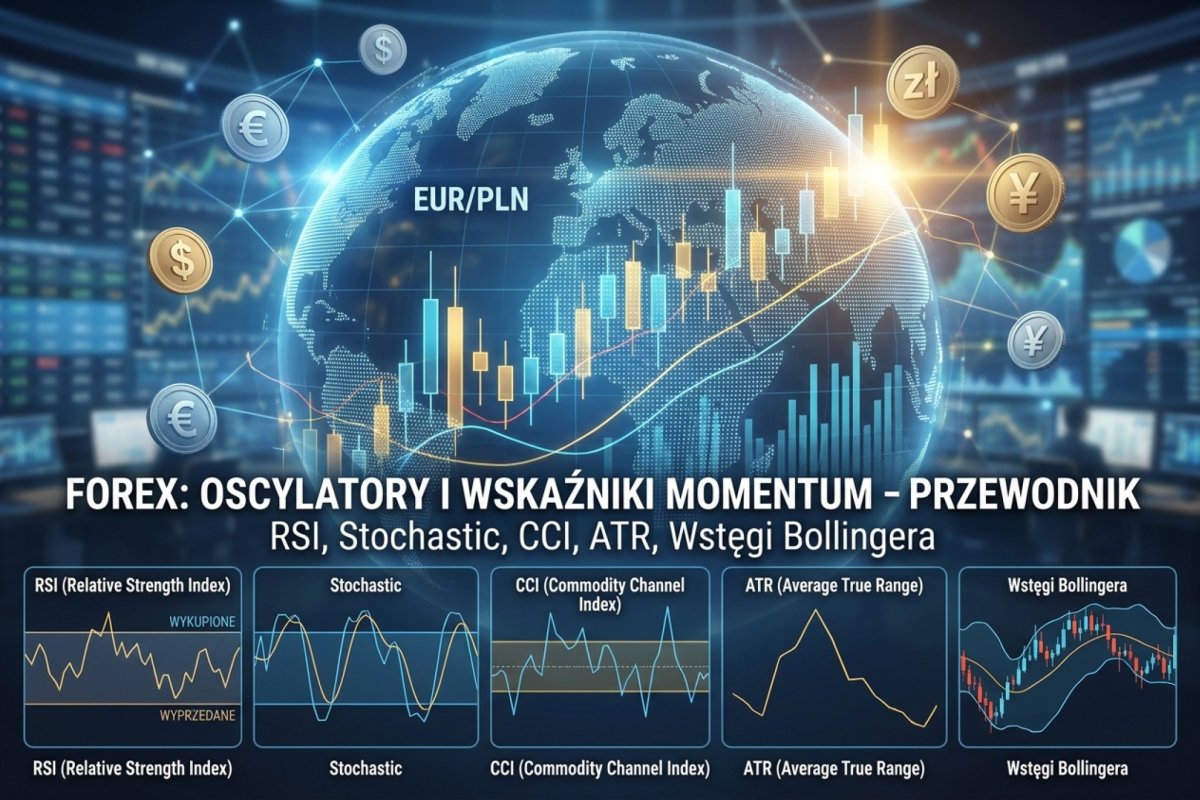 Oscylatory i wskaźniki momentum na Forex — RSI, Stochastic, CCI, ATR i Bollinger Bands na wykresie cenowym