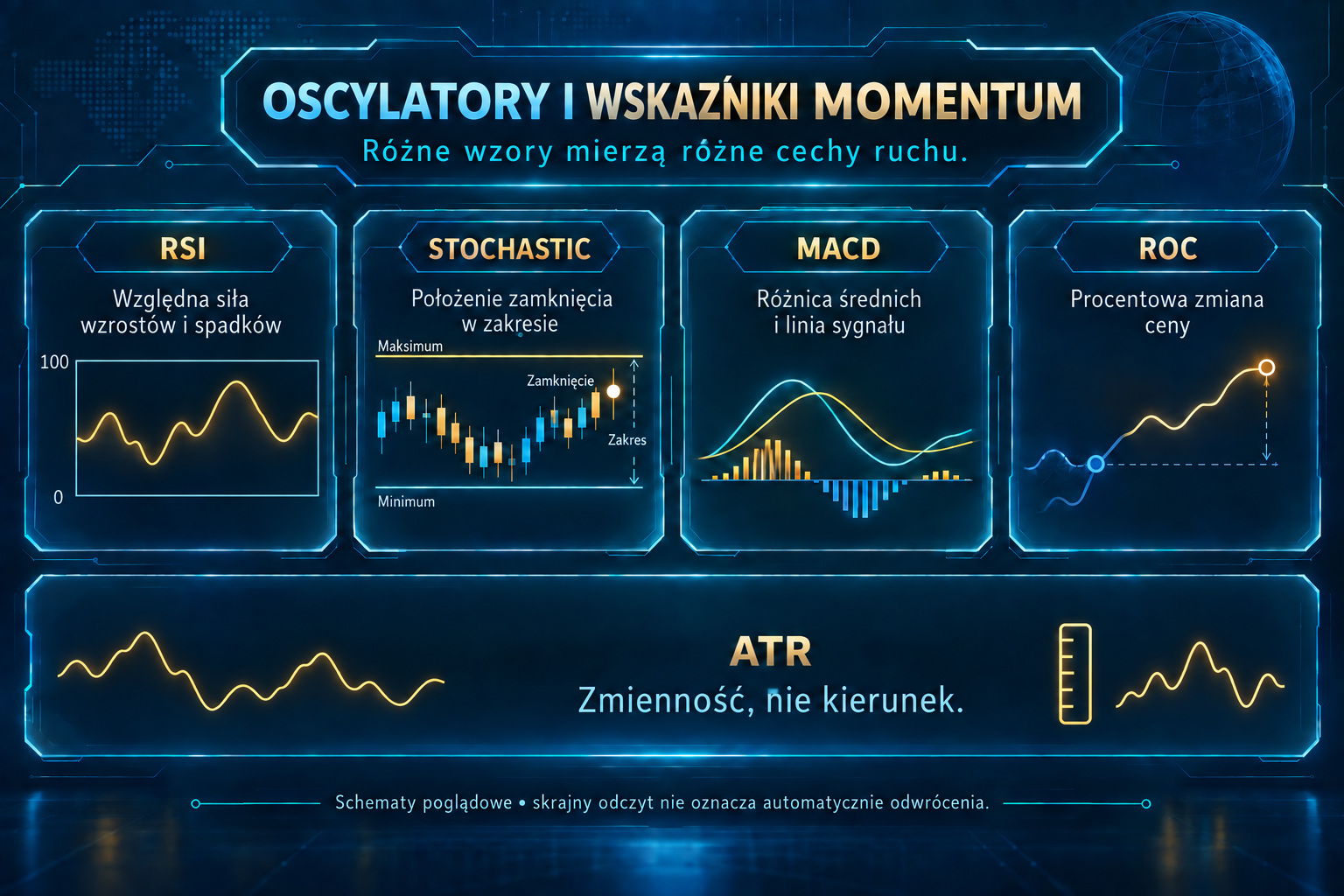 RSI, stochastic, MACD i ROC oraz ATR jako miara zmienności