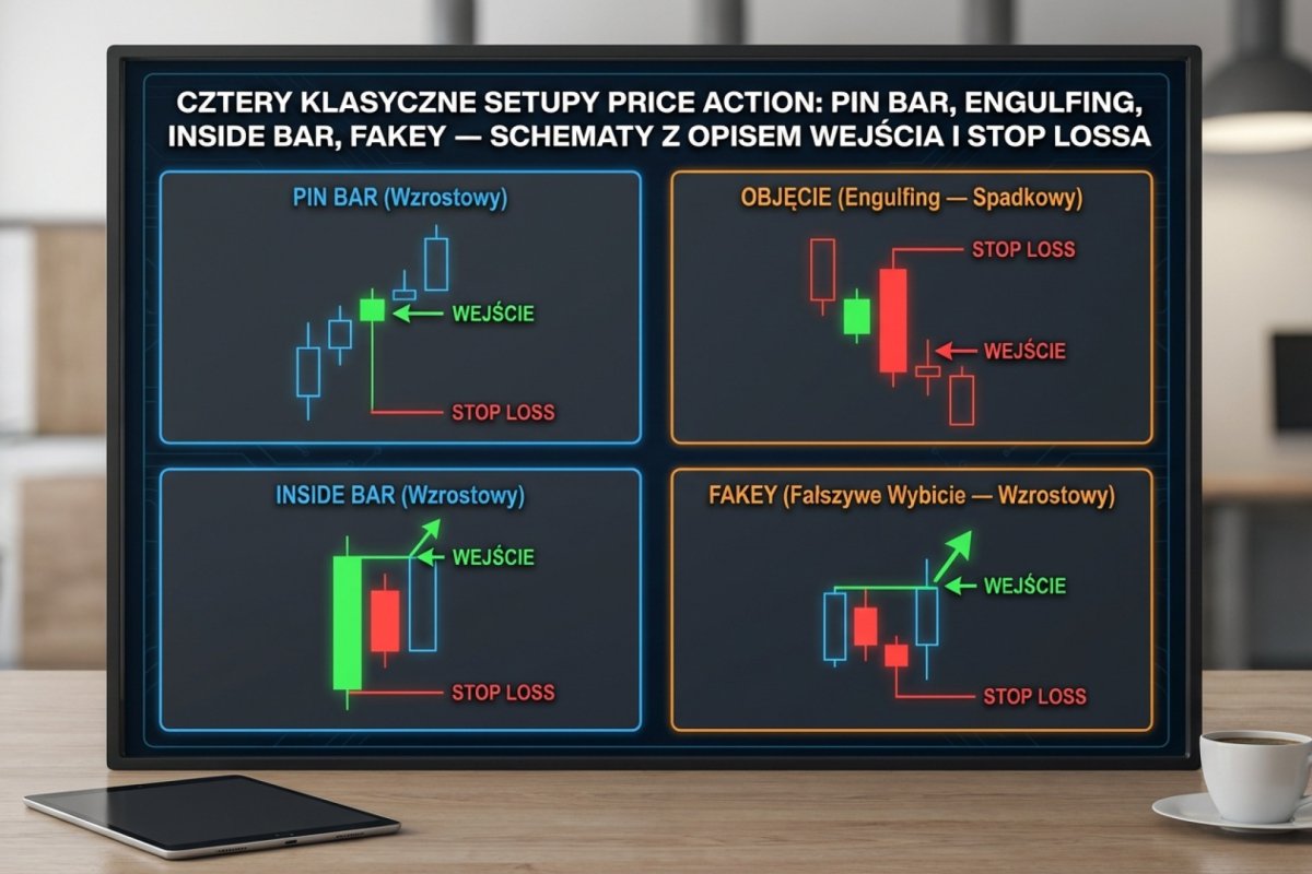 Pięć układów price action: pin bar, objęcie, inside bar, outside bar, fakey — schematy z warunkiem definicyjnym i granicą unieważnienia