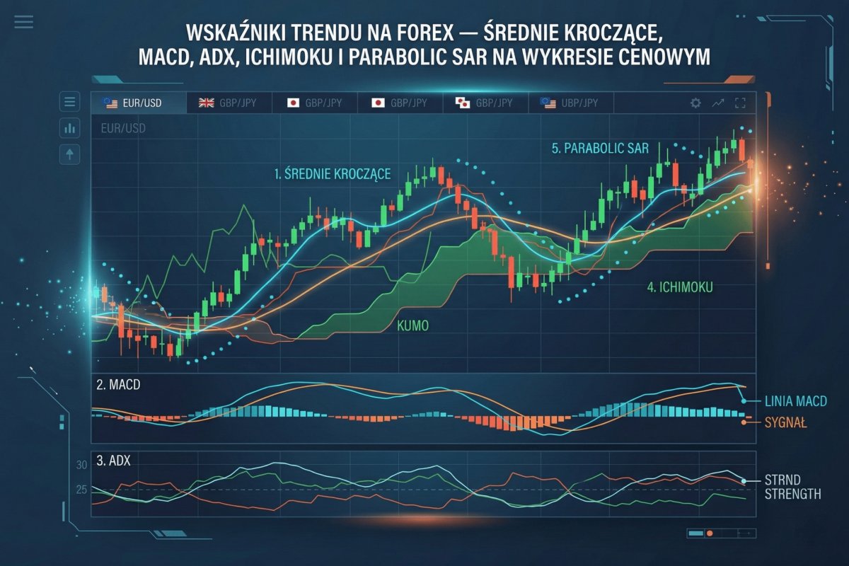 Średnie kroczące i wskaźniki trendu na Forex — SMA, EMA i filtr siły ADX na wykresie cenowym