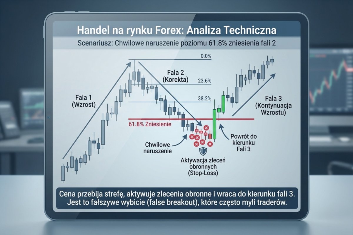 Chwilowe naruszenie strefy zniesienia 61,8% i powrót ceny w kierunku wcześniejszego ruchu — schemat ilustracyjny