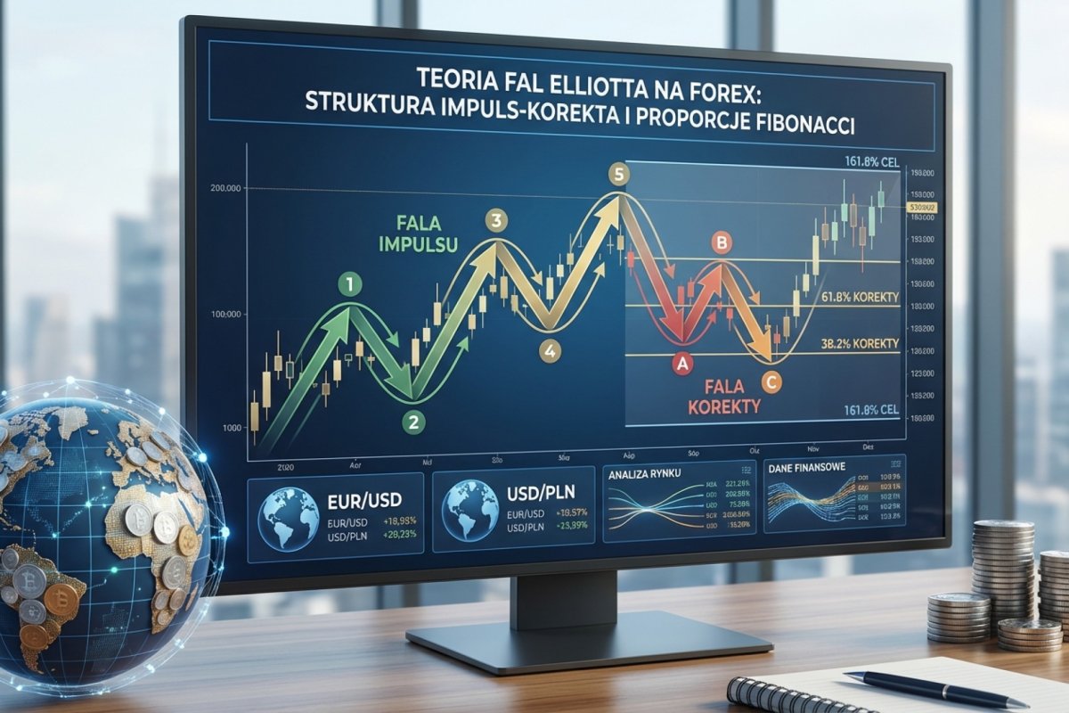 Teoria fal Elliotta na Forex — struktura impuls-korekta i proporcje Fibonacci na wykresie cenowym
