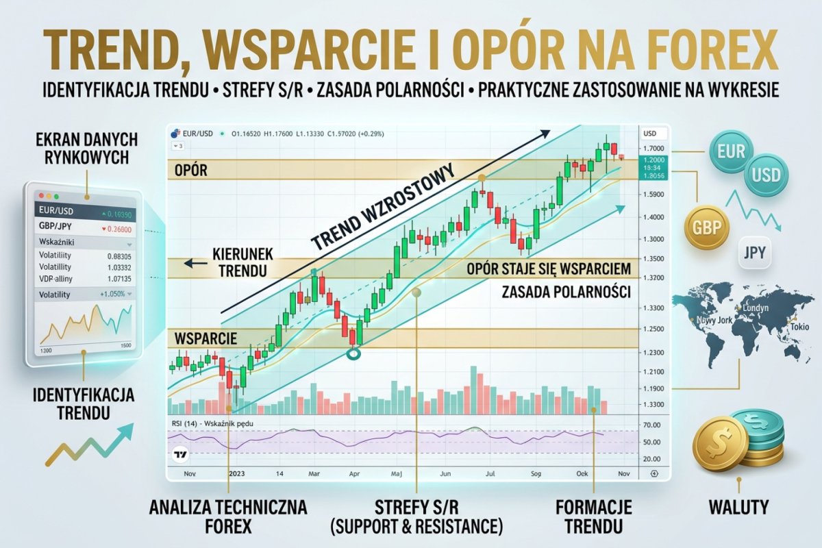 Trend, wsparcie i opór na Forex — identyfikacja trendu, strefy S/R, zasada polarności i praktyczne zastosowanie na wykresie cenowym