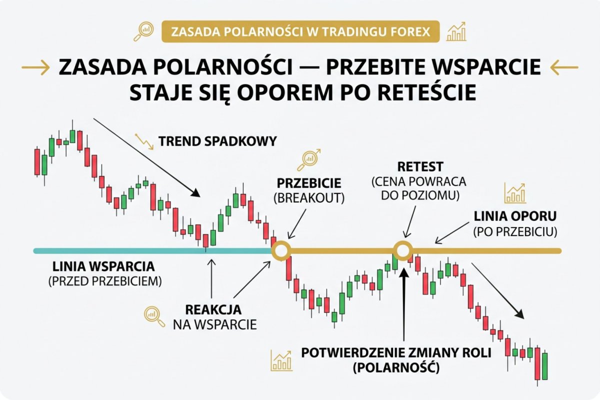 Zasada polarności — przebite wsparcie staje się oporem po retescie, schemat z oznaczeniem wybicia i powrotu ceny do strefy