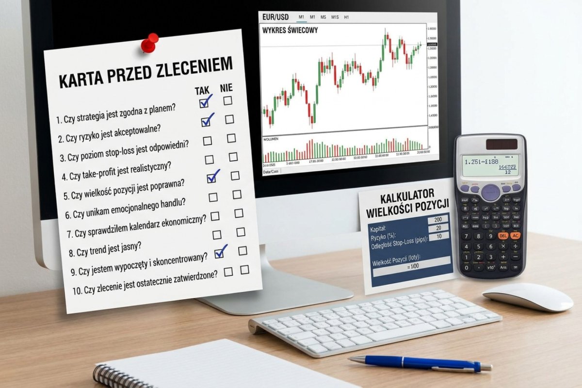 Wydrukowana karta pre-trade przypięta przy monitorze tradera — dziesięć pytań z kratkami TAK i NIE odhaczanymi długopisem przed wysłaniem zlecenia, obok wykres EUR/USD i kalkulator wielkości pozycji