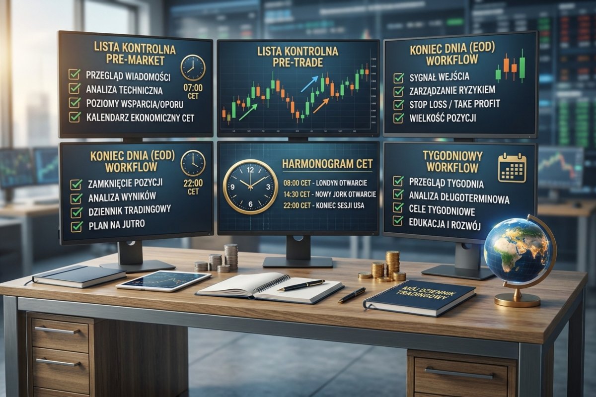 Checklisty tradera Forex — pre-market, pre-trade, EOD i tygodniowy workflow z harmonogramem CET