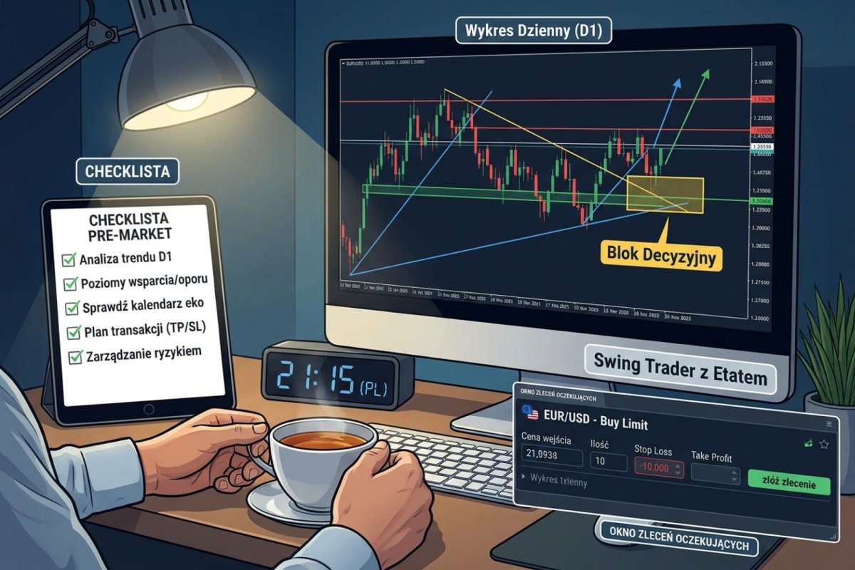 Wieczorny blok decyzyjny swing tradera z etatem — checklista pre-market obok wykresu dziennego D1 i zlecenia oczekujące ze stop lossem ustawiane na kolejny dzień, zegar pokazuje 21:15 czasu polskiego
