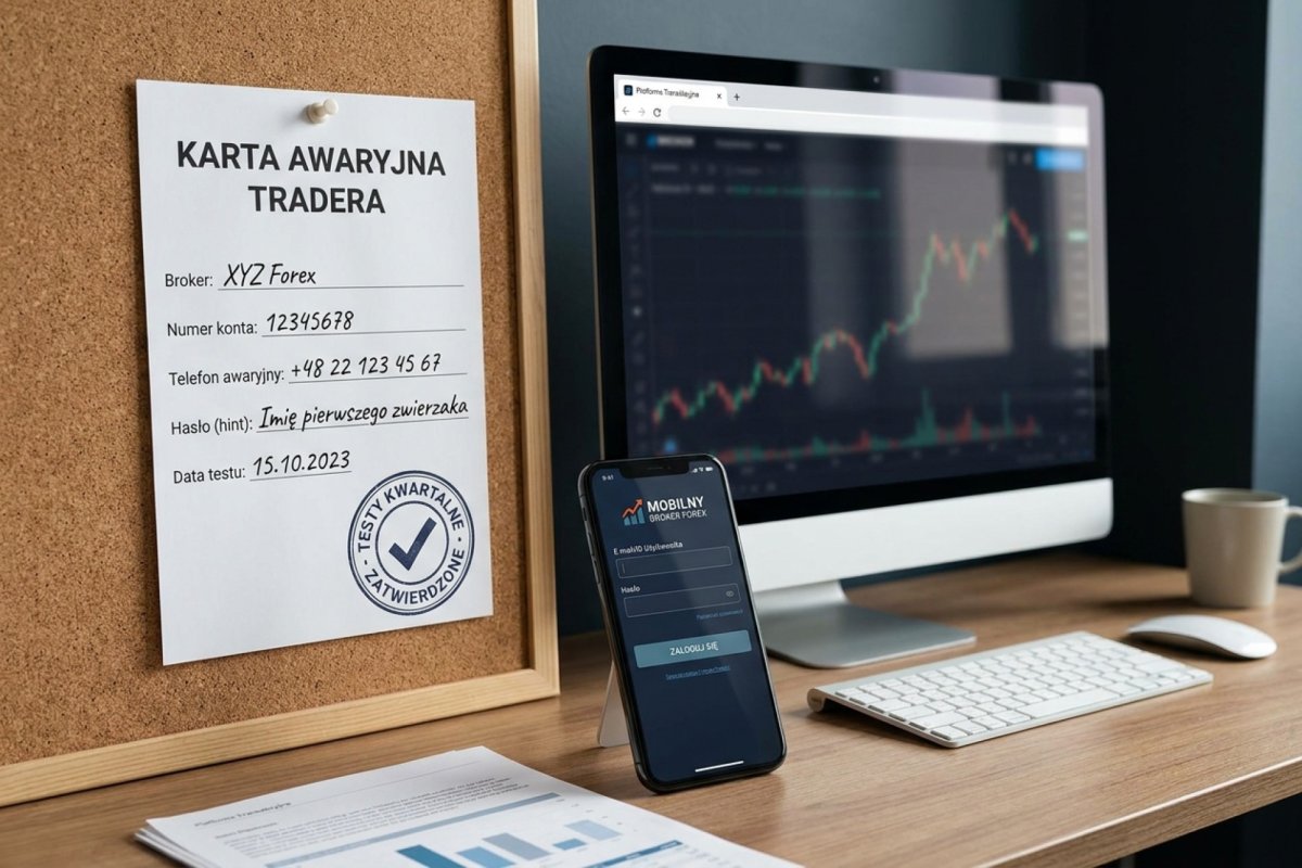Wydrukowana karta awaryjna tradera z uzupełnionymi polami i logiem testów kwartalnych, przypięta obok monitora — w zasięgu ręki telefon z aplikacją mobilną brokera na ekranie logowania