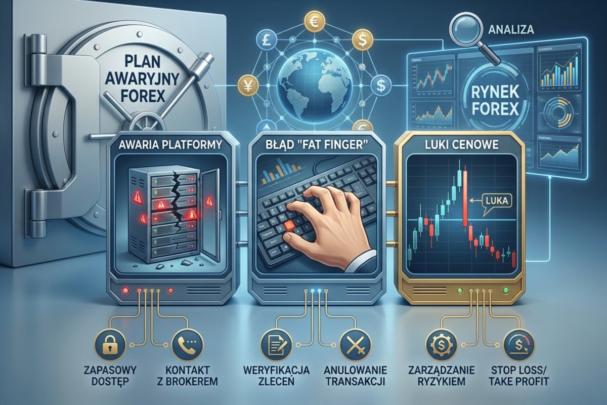 Plan awaryjny tradera Forex — procedury na awarię platformy, fat finger i luki cenowe