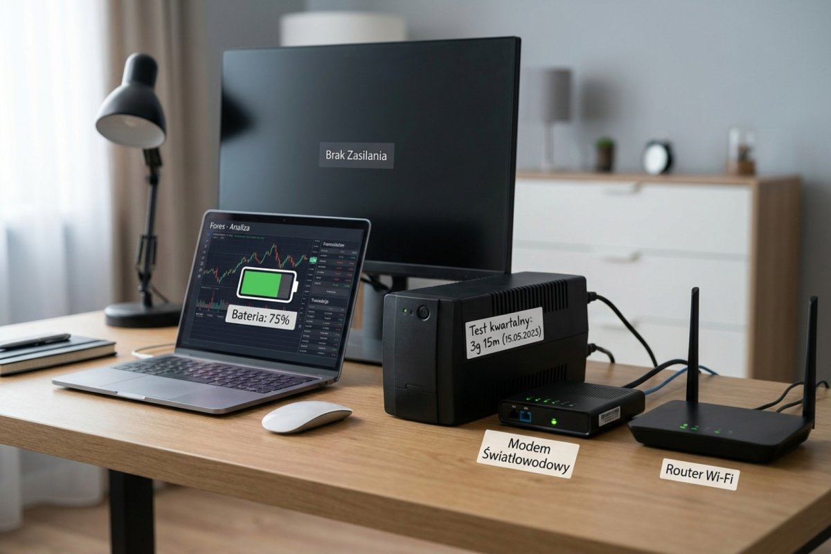 UPS podtrzymujący router i modem światłowodowy na stanowisku tradera — laptop pracuje na własnej baterii, na obudowie UPS naklejka ze zmierzonym czasem pracy z testu kwartalnego