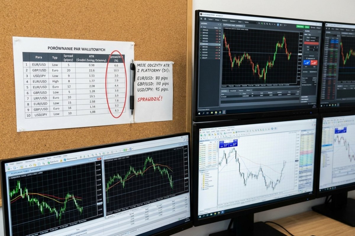 Wydrukowana tabela porównawcza 10 par walutowych przypięta obok monitora tradera — kolumna spread/ATR zakreślona markerem, przy niej długopis i notatka z własnymi odczytami ATR z platformy