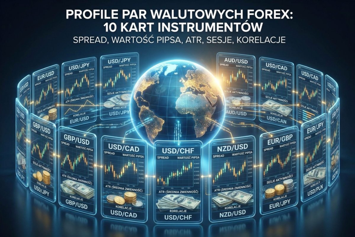 Profile par walutowych Forex — 10 kart instrumentów: spread, wartość pipsa, ATR, sesje aktywności i korelacje od EUR/USD po USD/PLN