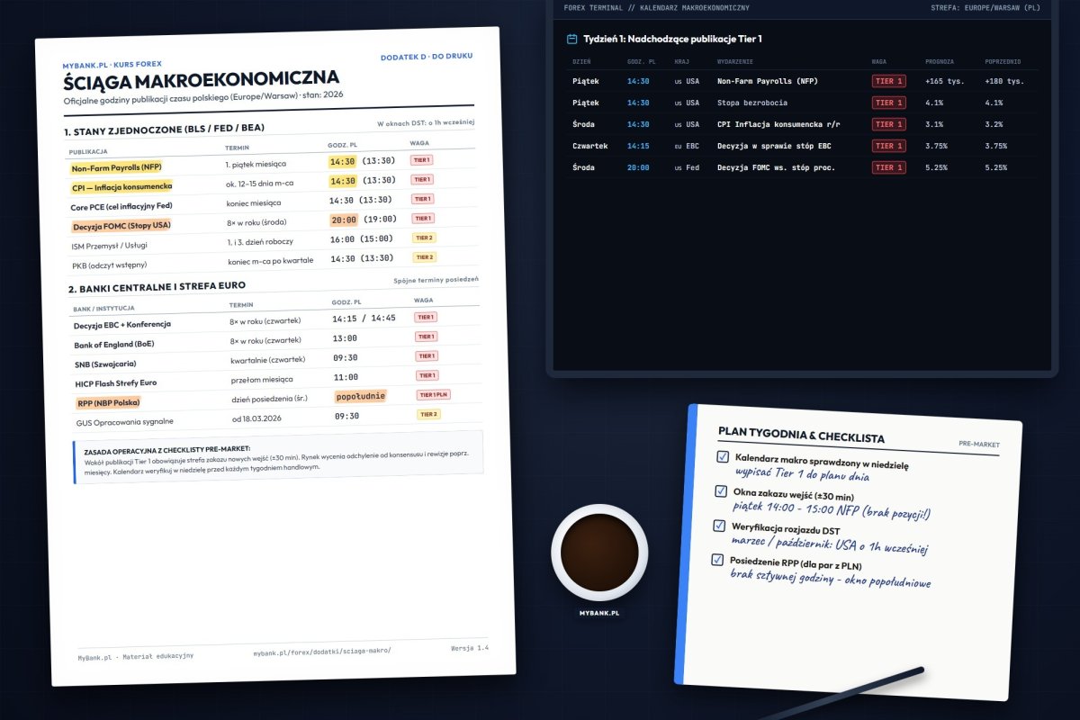 Wydruk ściągi makroekonomicznej na biurku tradera — harmonogram publikacji Tier 1 z czasem polskim, wagami raportów i zasadą weryfikacji kalendarza przed sesją