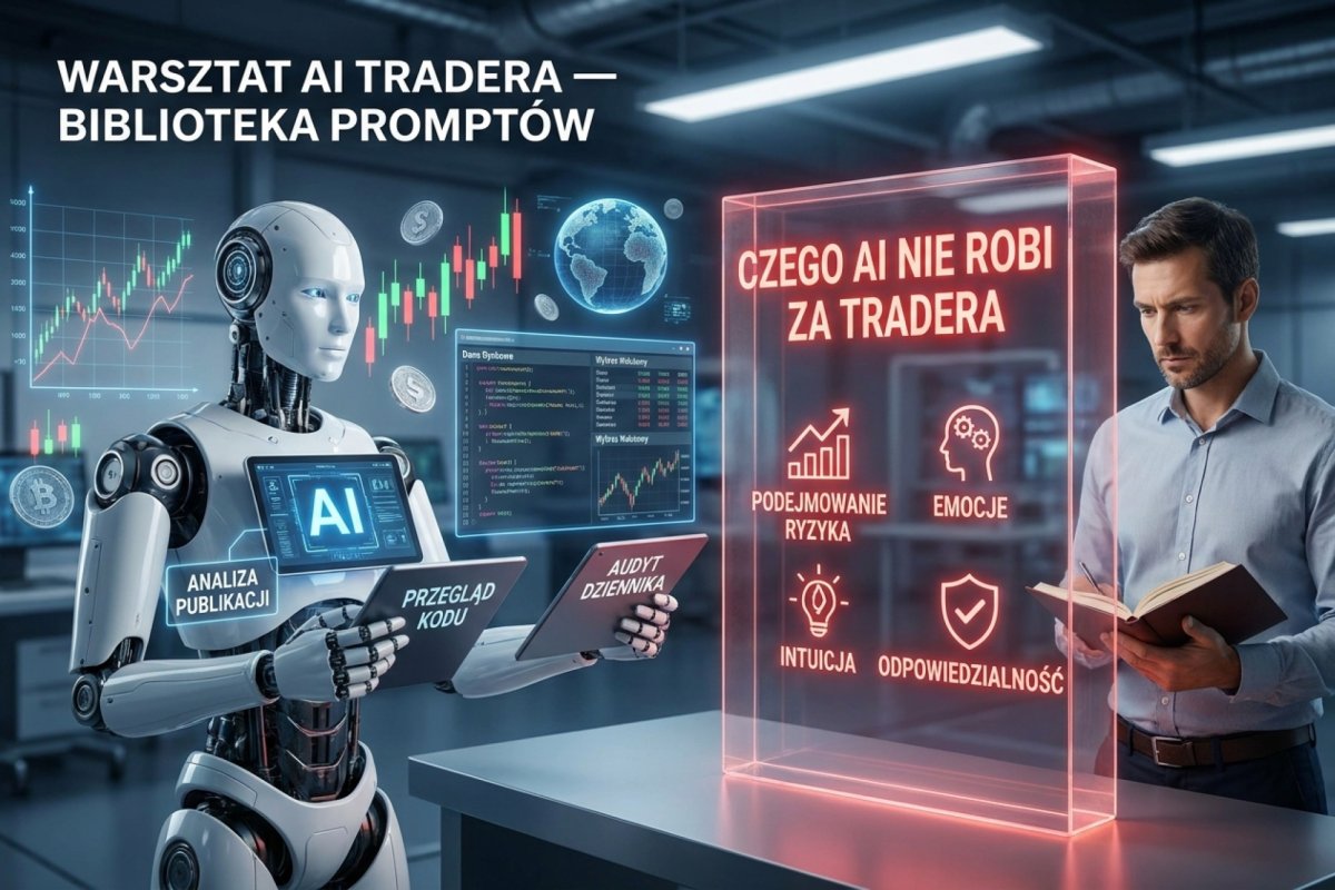 Warsztat AI tradera — biblioteka promptów do analizy publikacji, przeglądu kodu i audytu dziennika, obok blok zasad czego AI nie robi za tradera