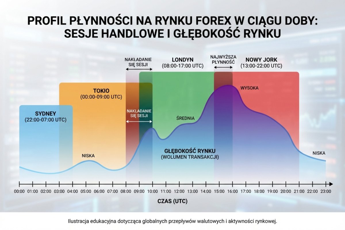 Profil płynności na rynku Forex w ciągu doby — sesje handlowe i głębokość rynku