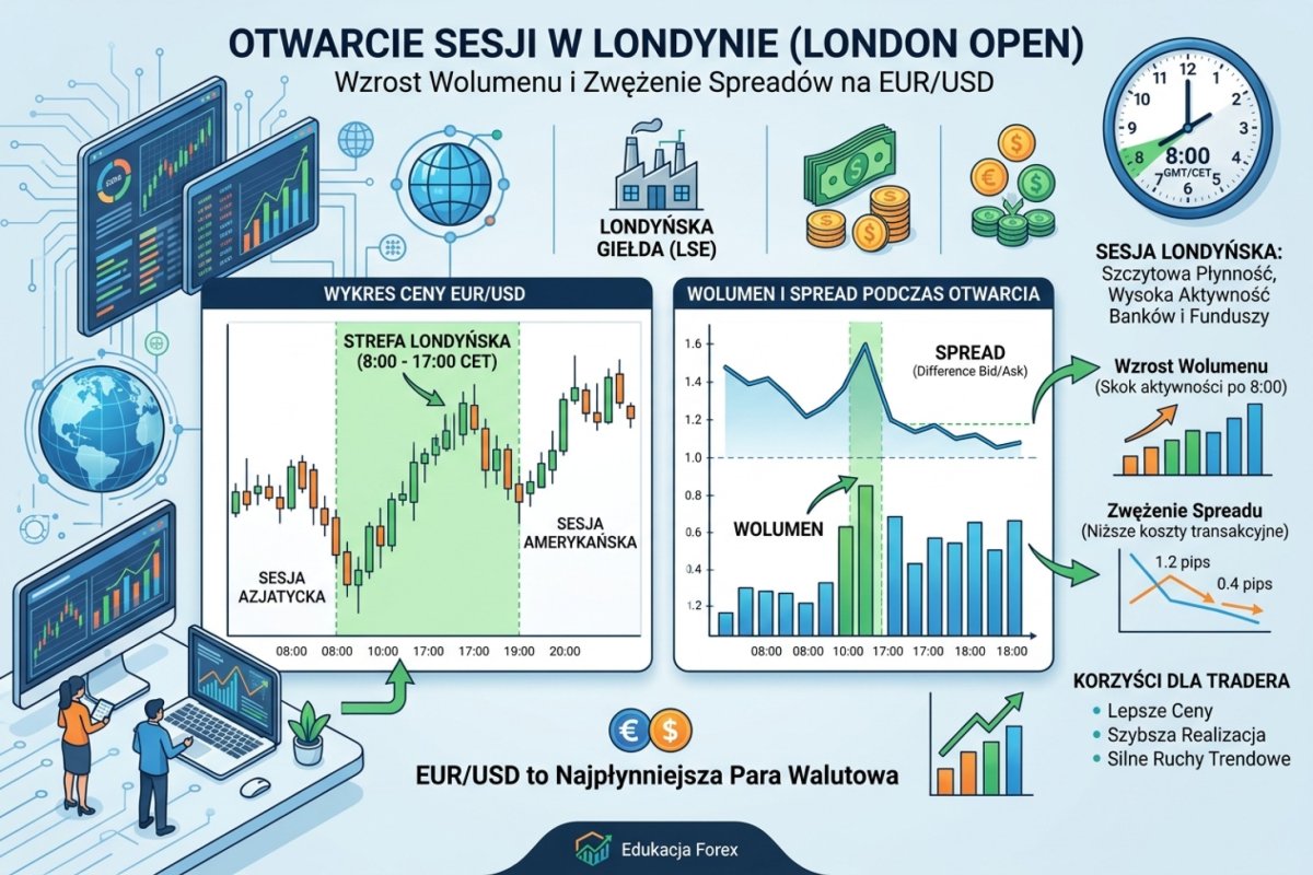 London Open — wzrost wolumenu i zwężenie spreadów na EUR/USD