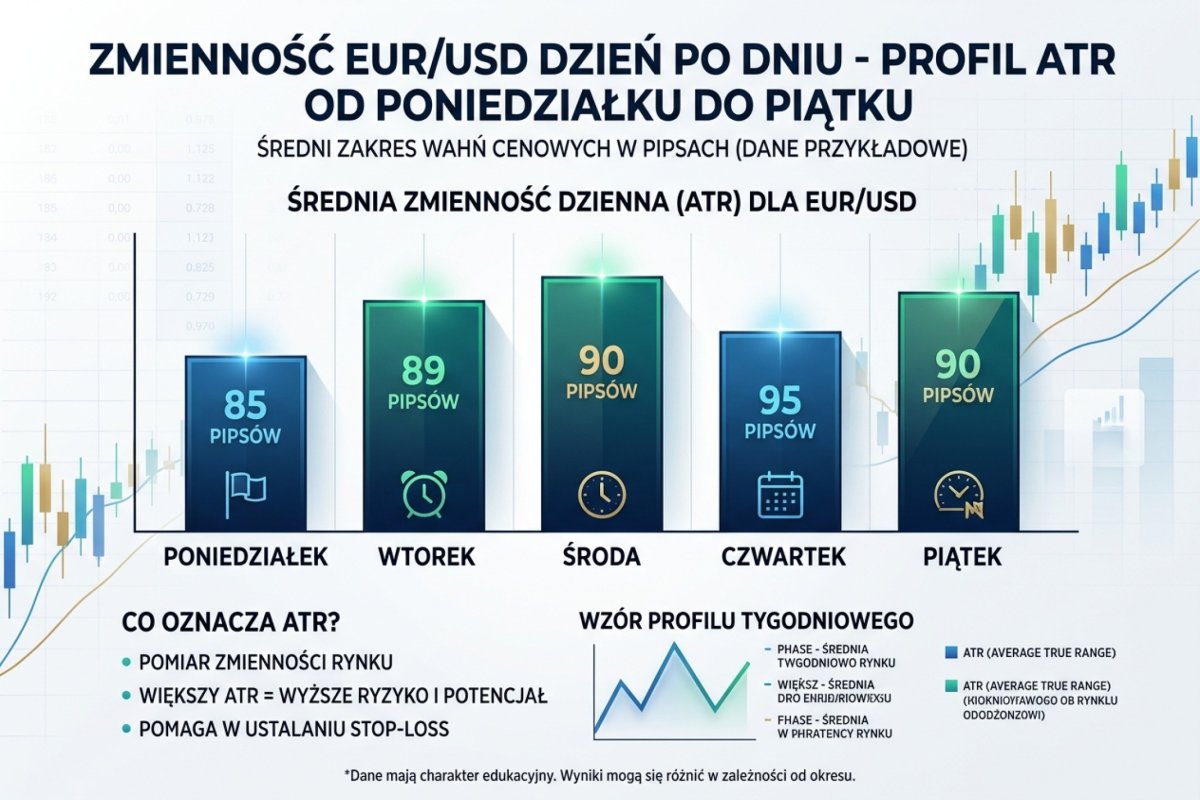 Zmienność EUR/USD dzień po dniu — profil średniego zakresu dnia od poniedziałku do piątku
