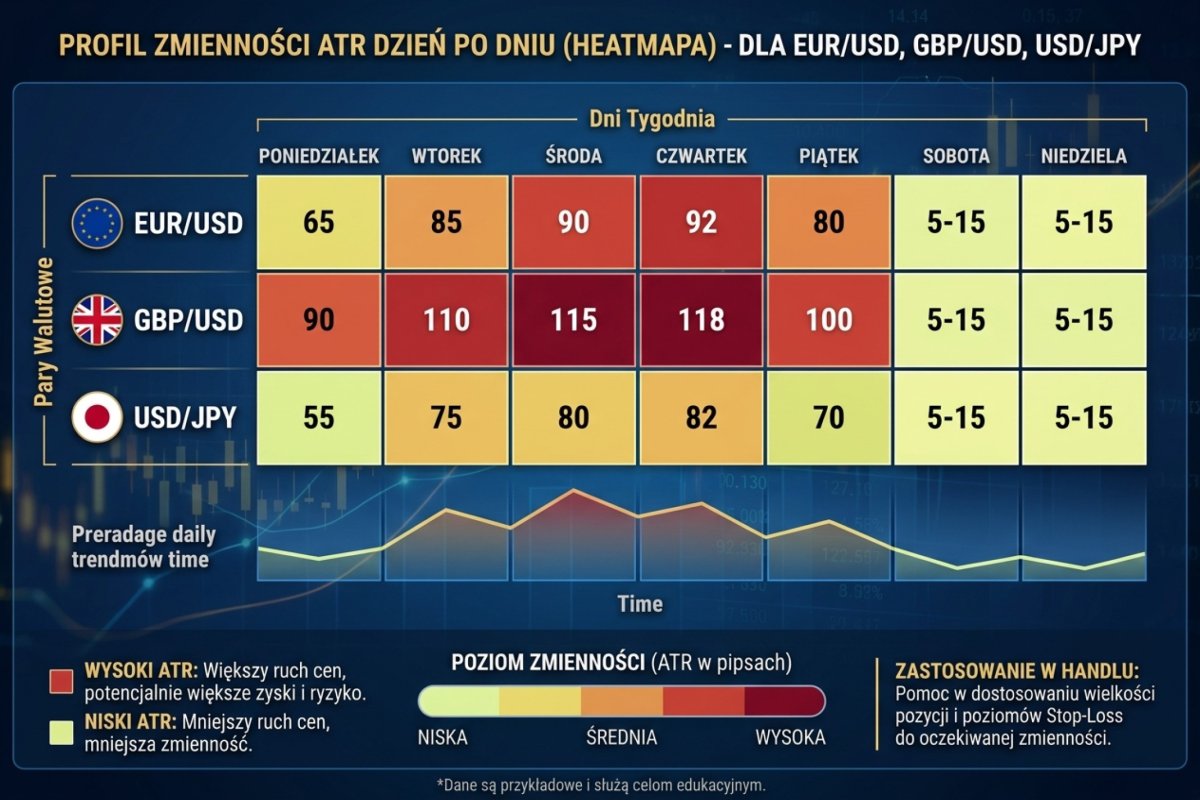 Profil średniego dziennego zakresu (high–low) dzień po dniu — EUR/USD, GBP/USD, USD/JPY