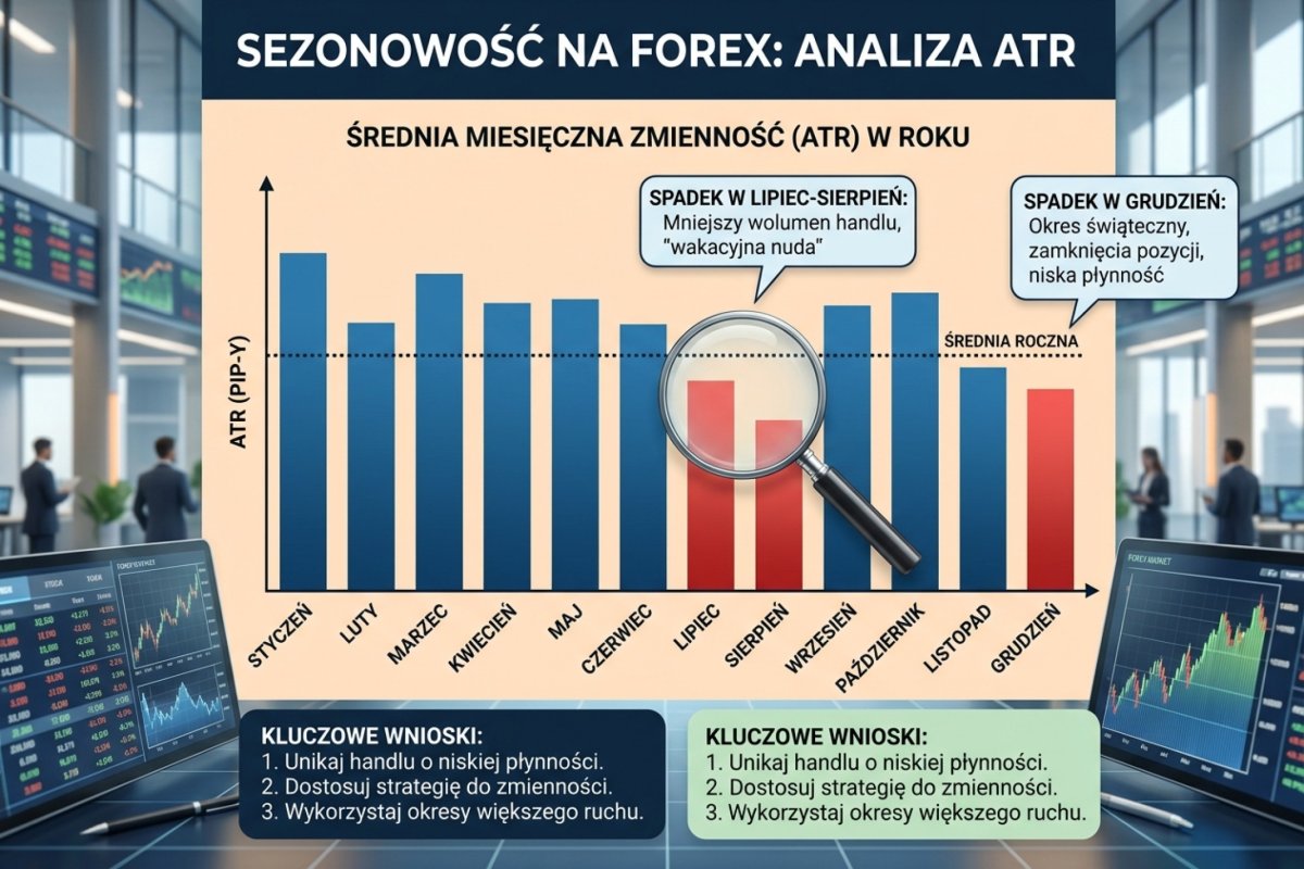 Sezonowość na Forex — spadek średniego zakresu dnia w lipcu–sierpniu i w grudniu vs średnia roczna