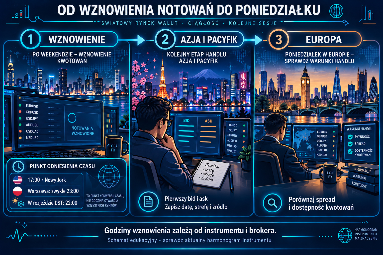 Wznowienie kwotowań: Nowy Jork, UTC, lokalny zegar i harmonogram instrumentu