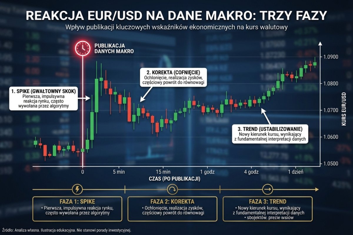 Reakcja EUR/USD na publikację danych makro — trzy fazy: spike, korekta, trend