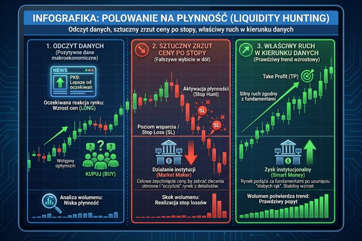 Infografika: cienki rynek przed danymi — impuls zbierający klastry zleceń obronnych i dalszy ruch ceny po publikacji